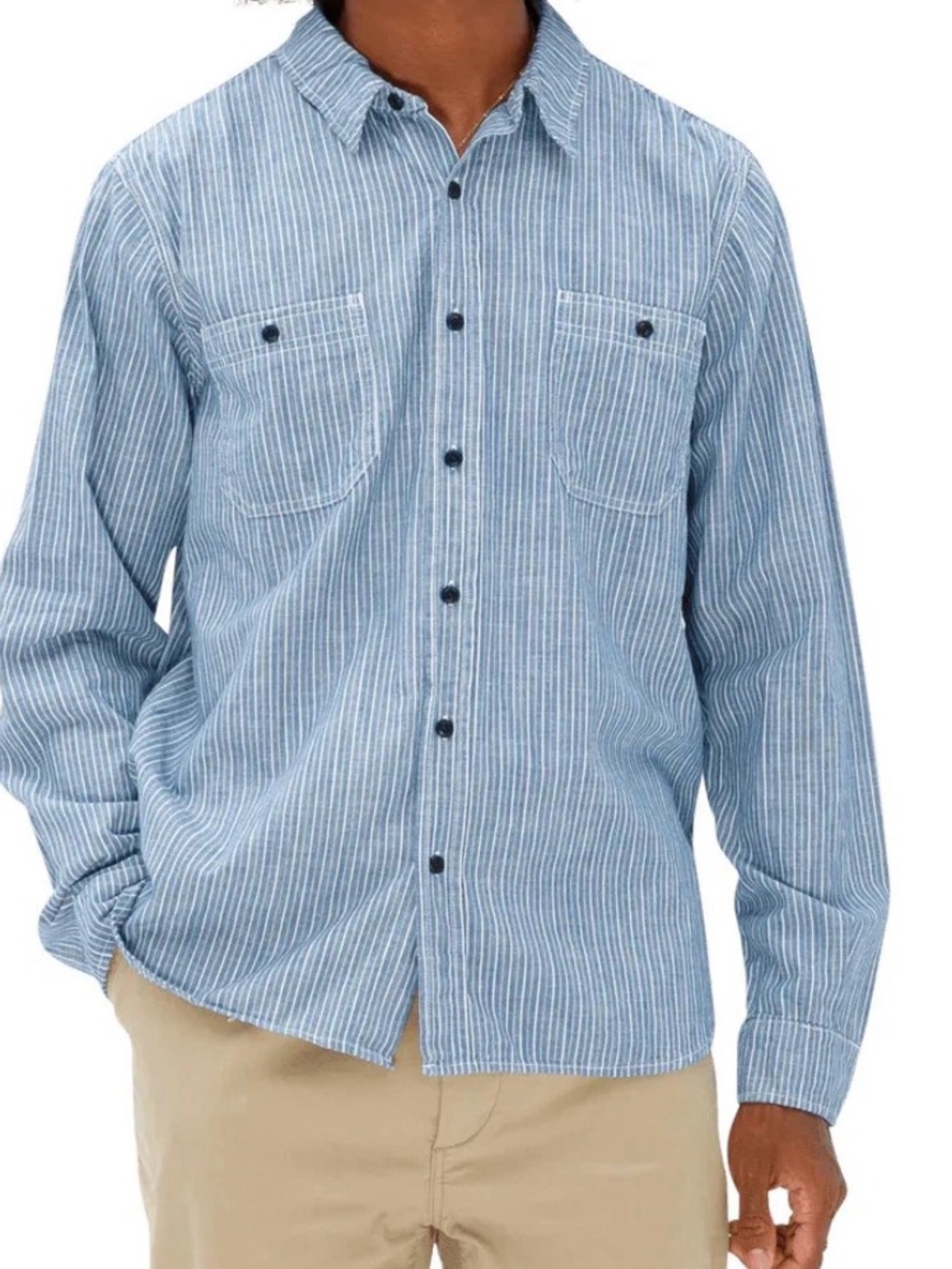 Birdwell Beach Britches Chambray Conductor Shirt Navy Hickory Stripe Men’s 2XL